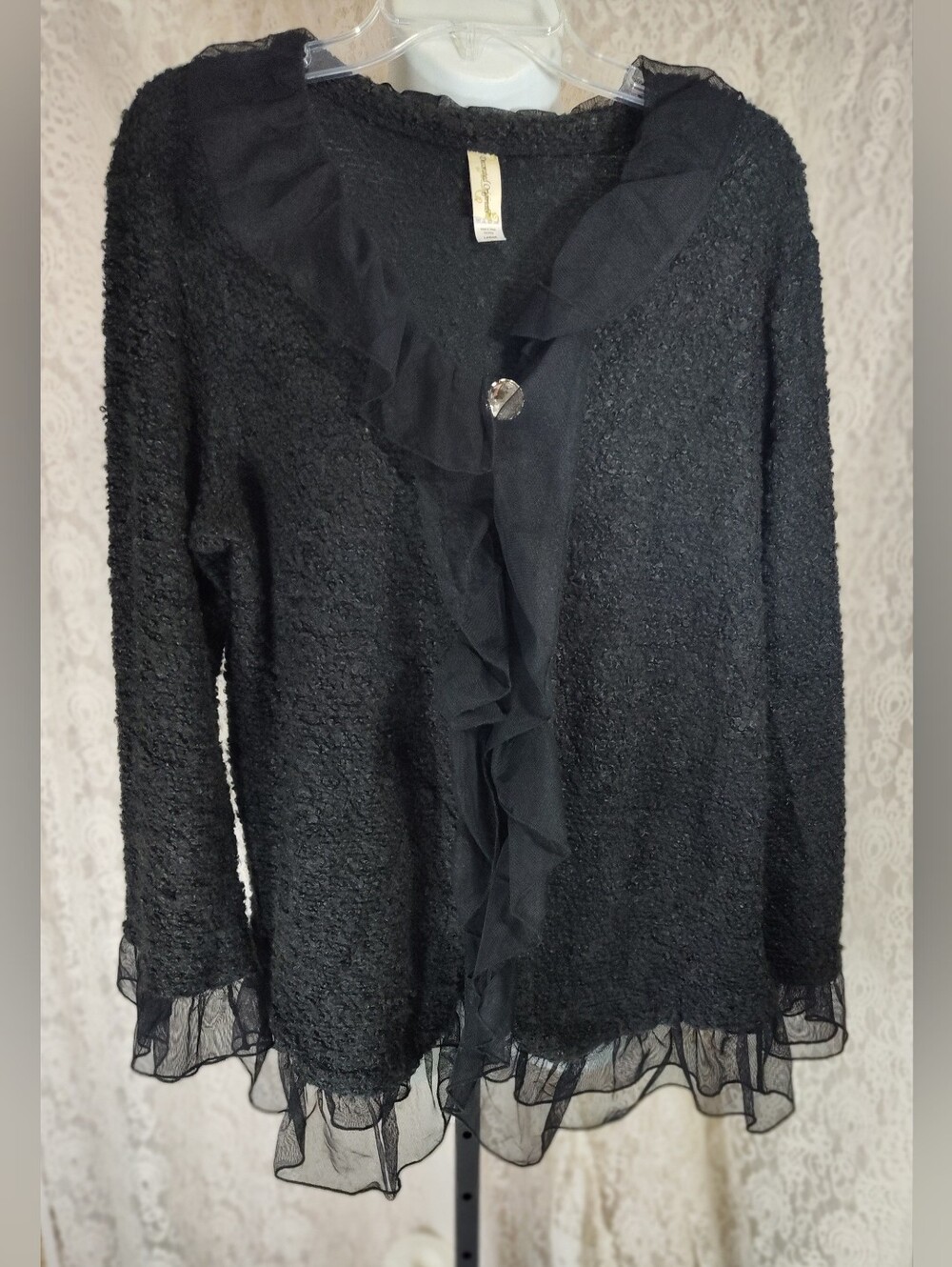 Decorated Originals Black Ruffled Cardigan Boucle Sweater